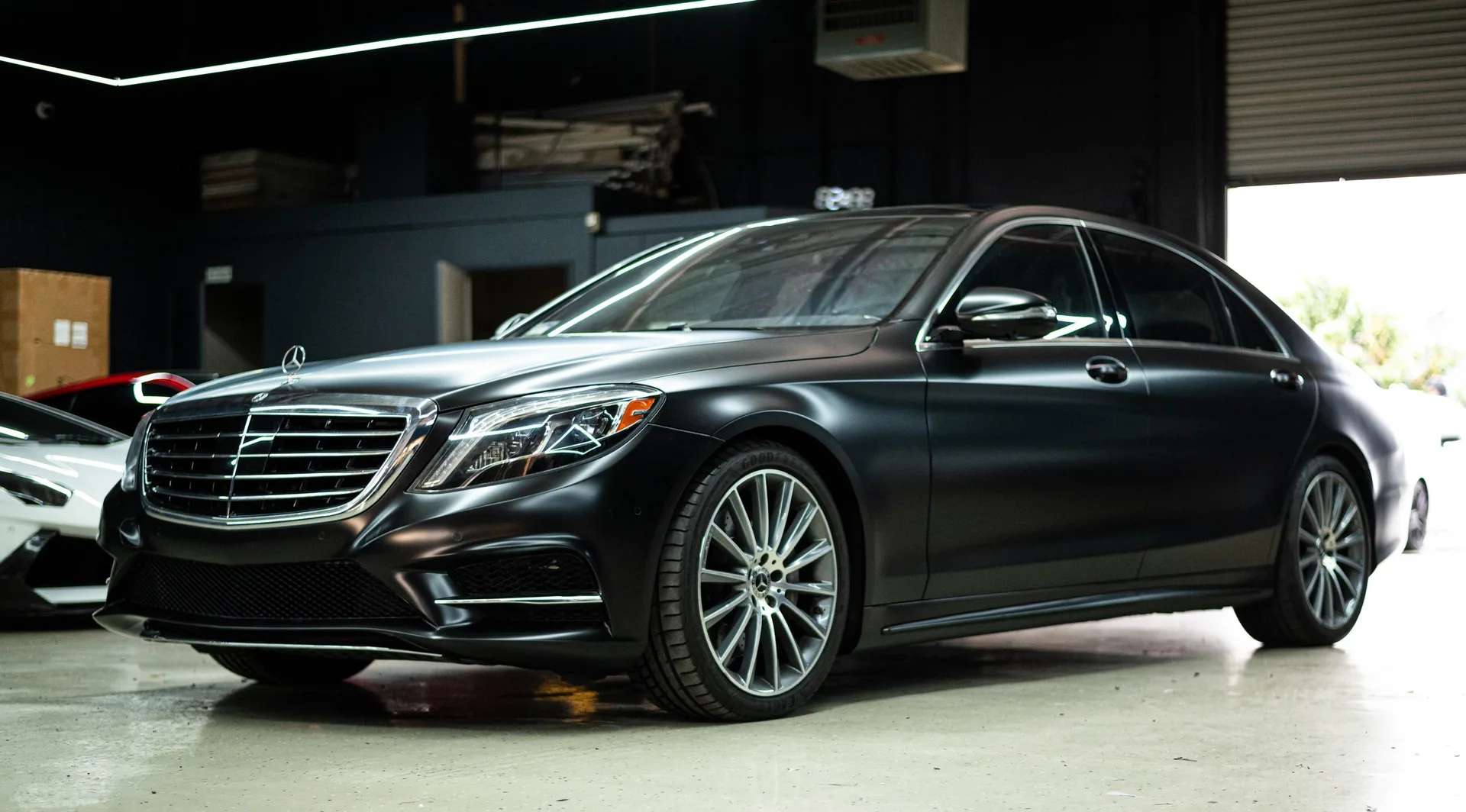 Mercedes-Benz S-Class wrapped in satin black at the Elite Wraps shop